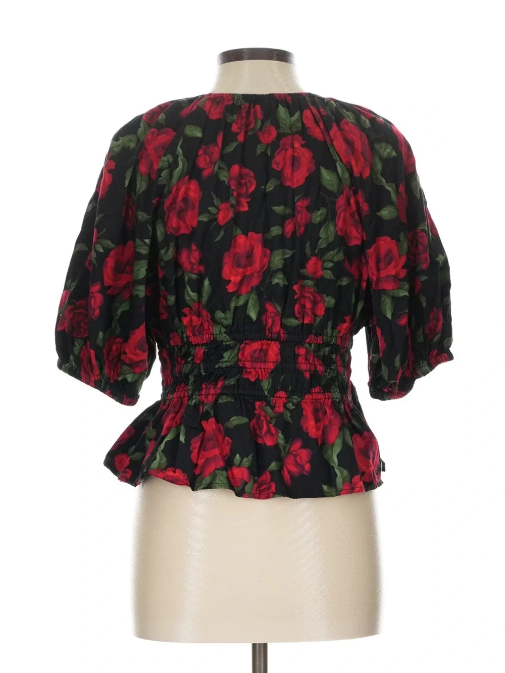 Old Navy Black Peplum Blouse with Red Rose Print